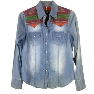 Lovemarks Denim Pearl Snap Button  w/ Tapestry Shoulders Chambray Shirt